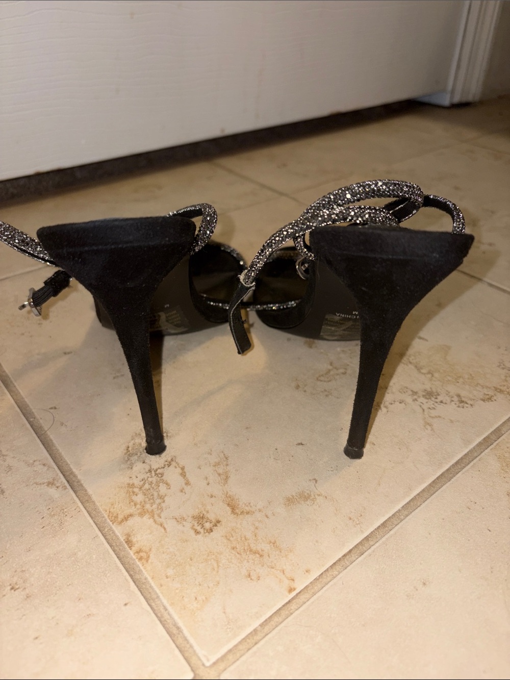 Black Steve Madden Women's Ankle-Strap Heels with rhinestones and faux suede - Picture 5 of 5